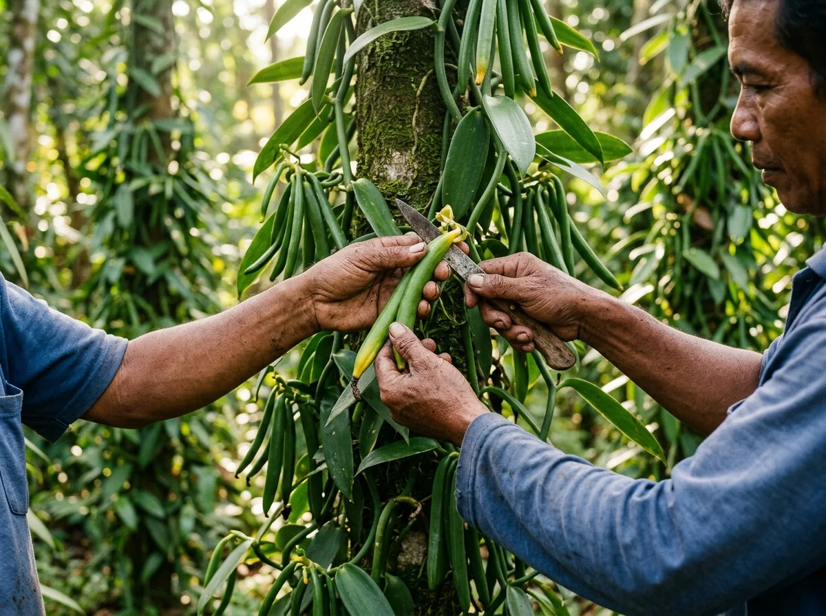 Selective hand harvesting of mature green vanilla pods on Indonesian agroforestry vines